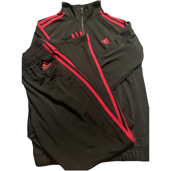 Adidas Youth 2 pc Active Black w/red Stripes Full Zip Jacket & Pant Size Small - Picture 1 of 6